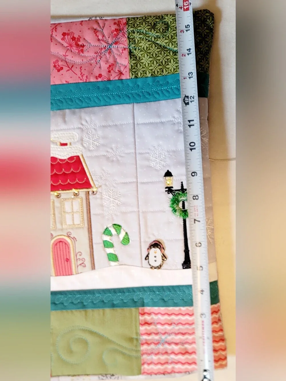 Candy Cane Lane Bench Kimberbell Pillow Cover Machine Appliqued Fairy Lights